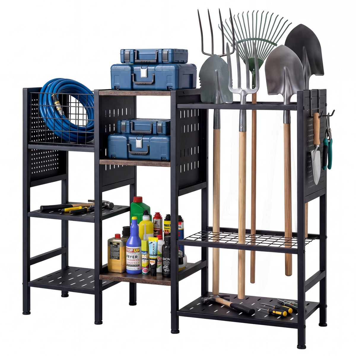 Garden Tool Organizer with Wooden Shelves for Garage and Shed, view 3