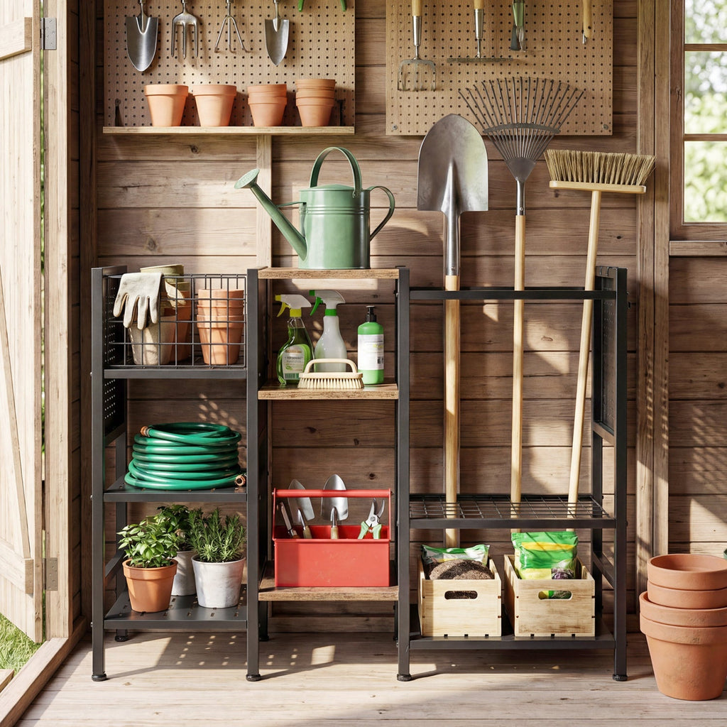 Garden Tool Organizer with Wooden Shelves for Garage and Shed, view 2