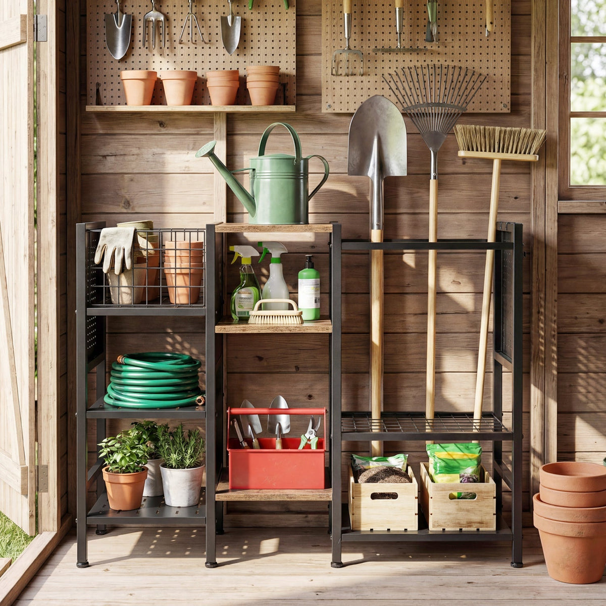 Garden Tool Organizer with Wooden Shelves for Garage and Shed, view 2