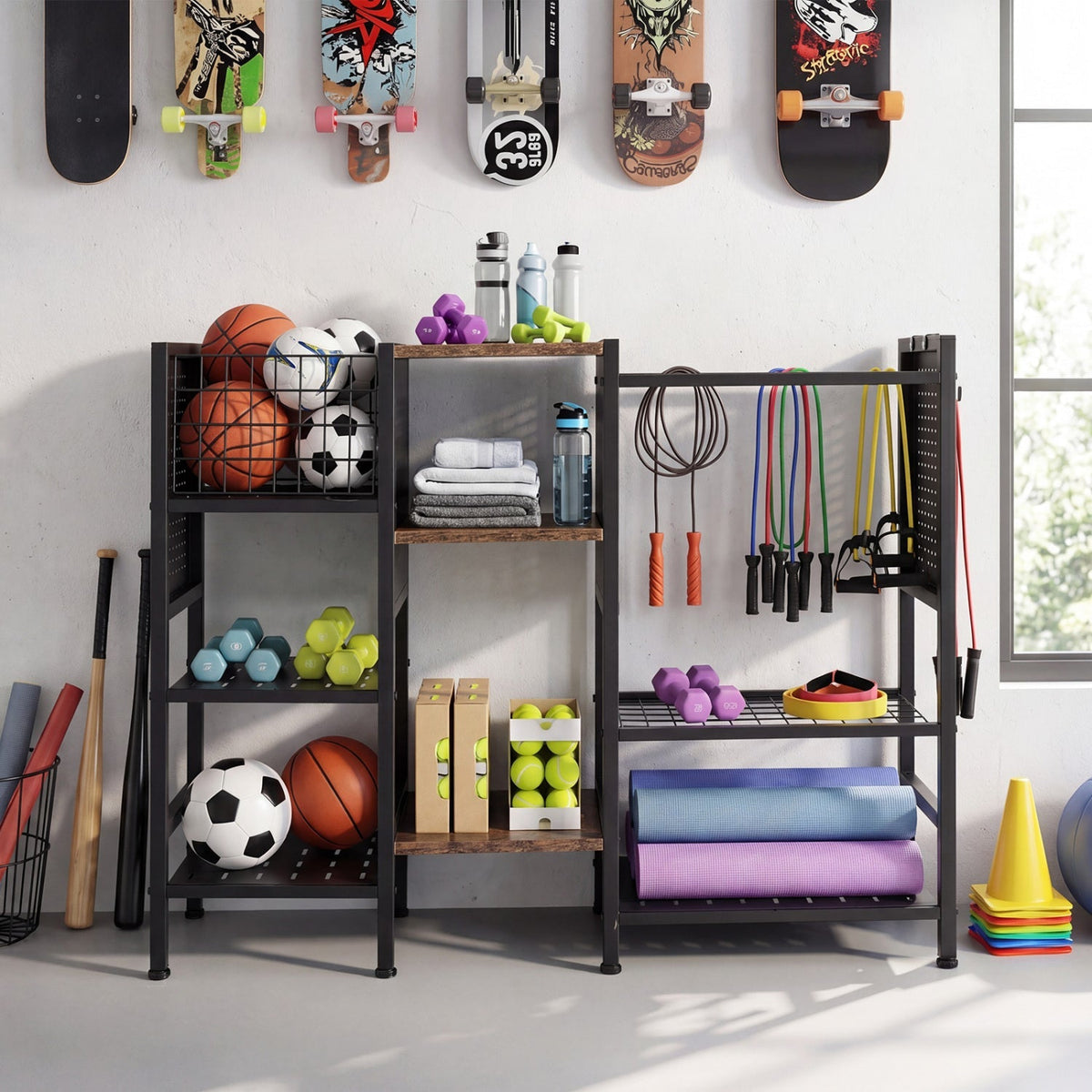 Garden Tool Organizer with Wooden Shelves for Garage and Shed, view 6