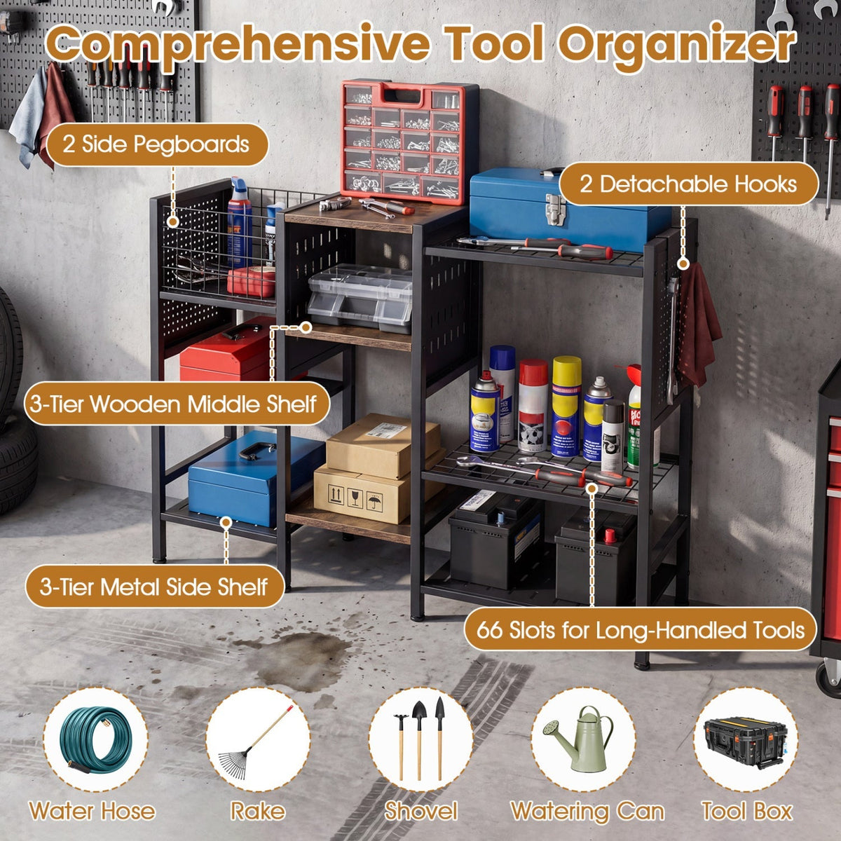 Garden Tool Organizer with Wooden Shelves for Garage and Shed, view 7