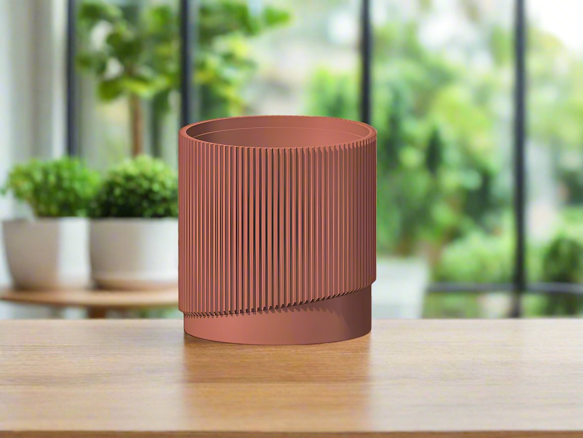 Mid-Century Ribbed Planter with Drainage and Saucer in Multiple Colors, 3D Printed Planter with Unique Modern Design, Lightweight, Wave