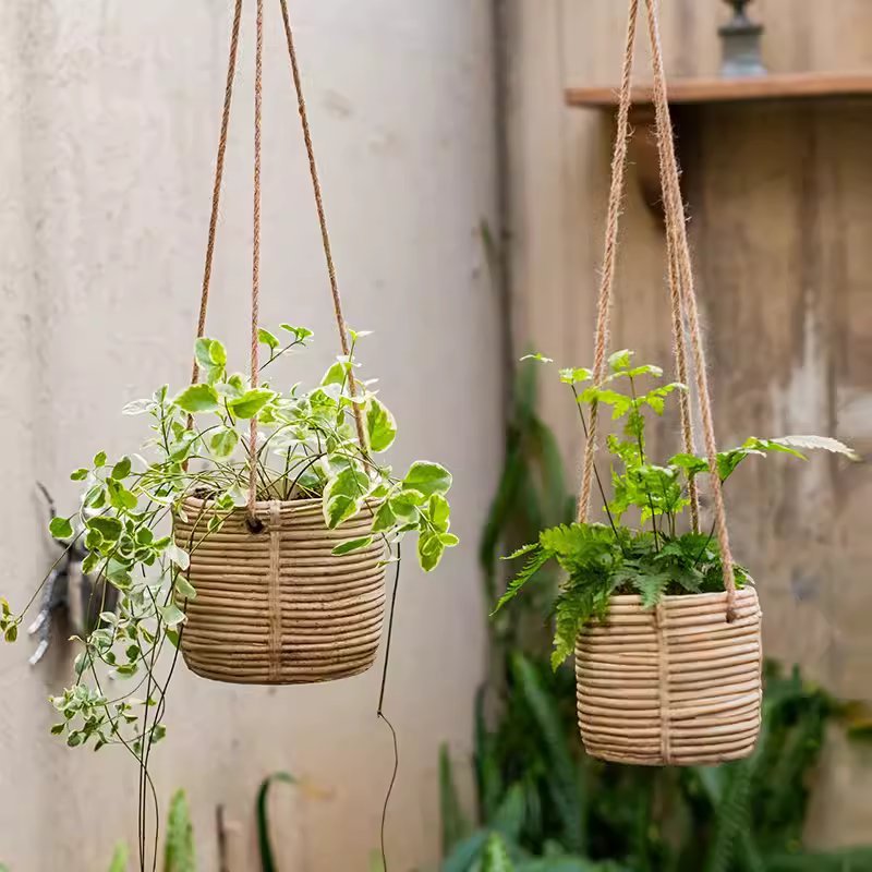 Faux Rattan Cement Hanging Planter, view 2