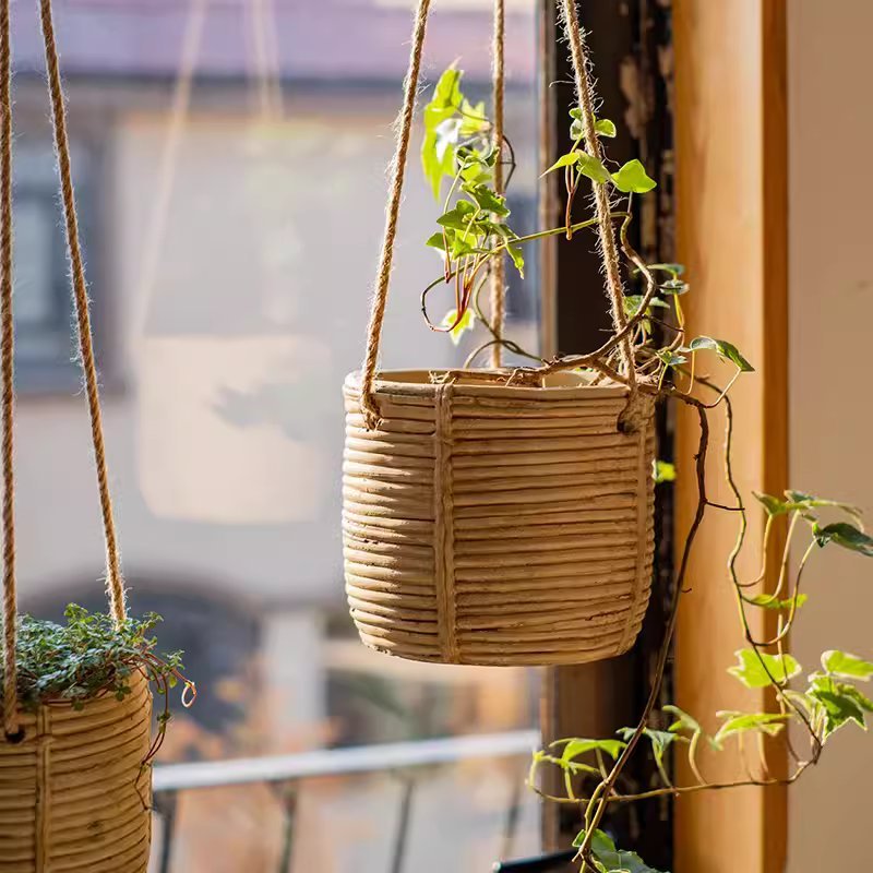 Faux Rattan Cement Hanging Planter, view 3