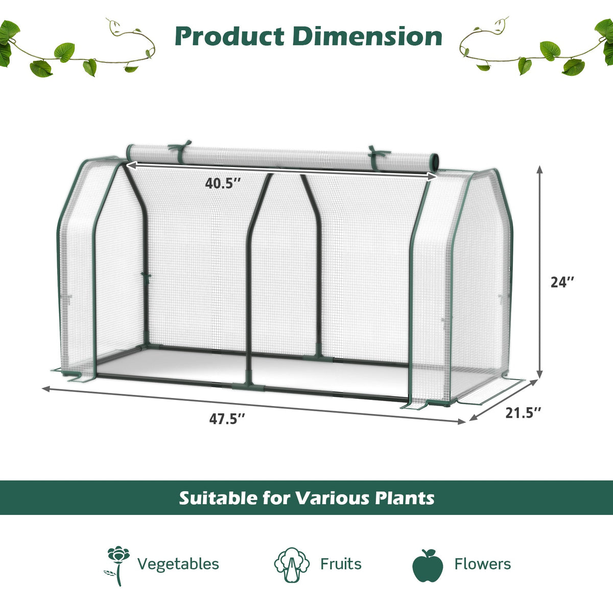 47.5 x 21.5 x 24 Inch Mini Greenhouse with Roll-up Zipper Door, view 5