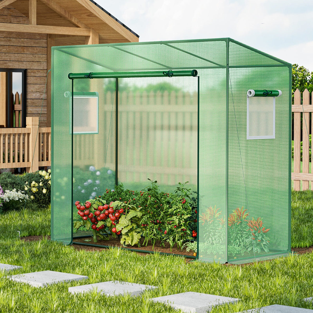 Outdoor Portable Walk-in Greenhouse with PE Cover Heavy-Duty Metal Frame Roll-up Zipper Door, view 2