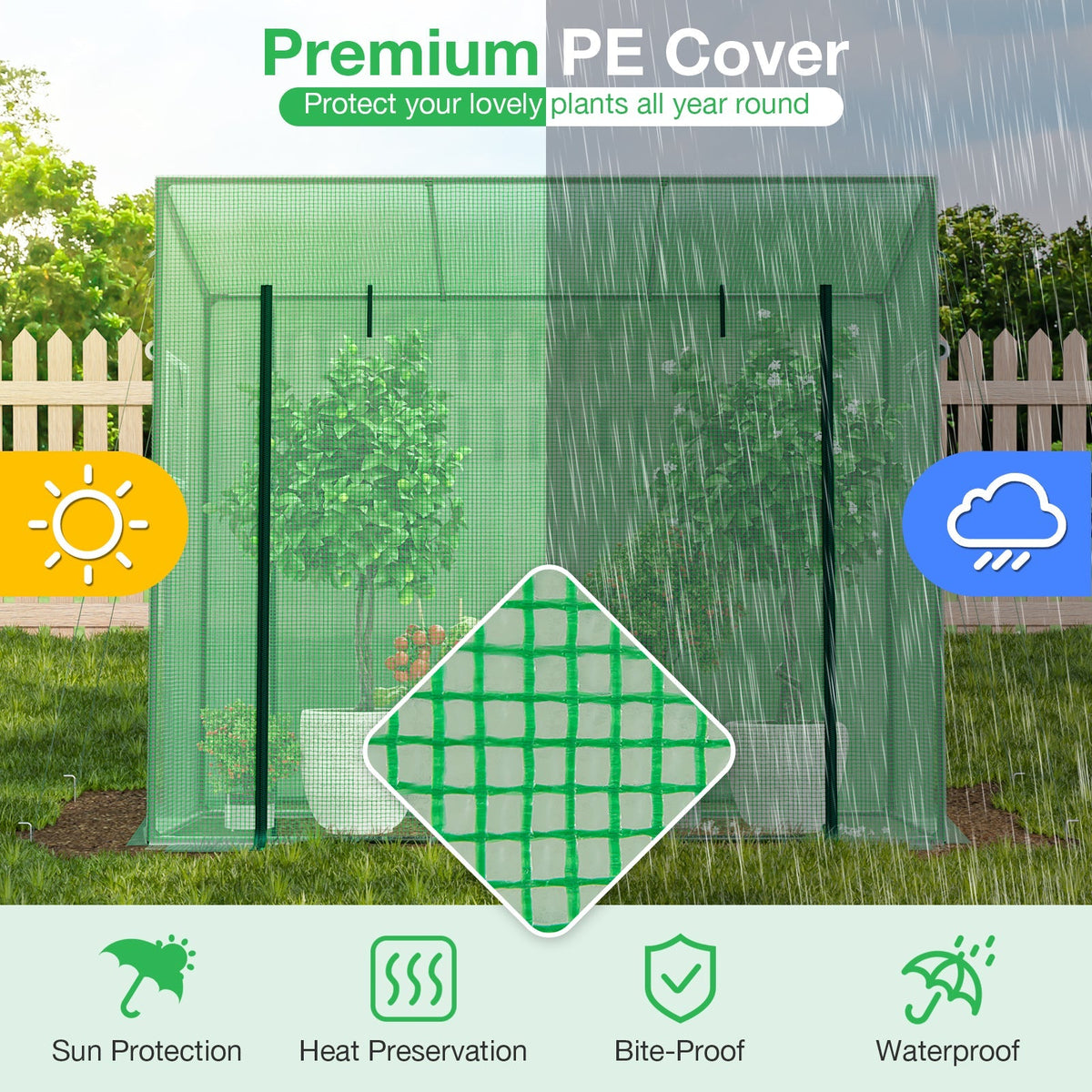 Outdoor Portable Walk-in Greenhouse with PE Cover Heavy-Duty Metal Frame Roll-up Zipper Door, view 6