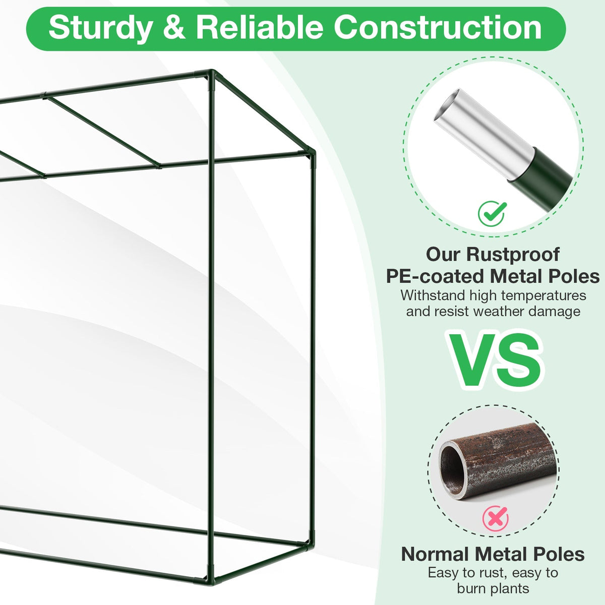 Outdoor Portable Walk-in Greenhouse with PE Cover Heavy-Duty Metal Frame Roll-up Zipper Door, view 7