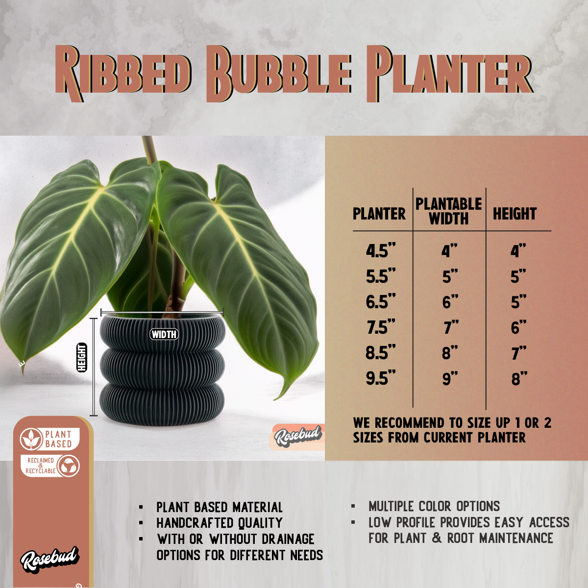 Ribbed Bubble Plant Pot With Drainage and Saucer, view 5