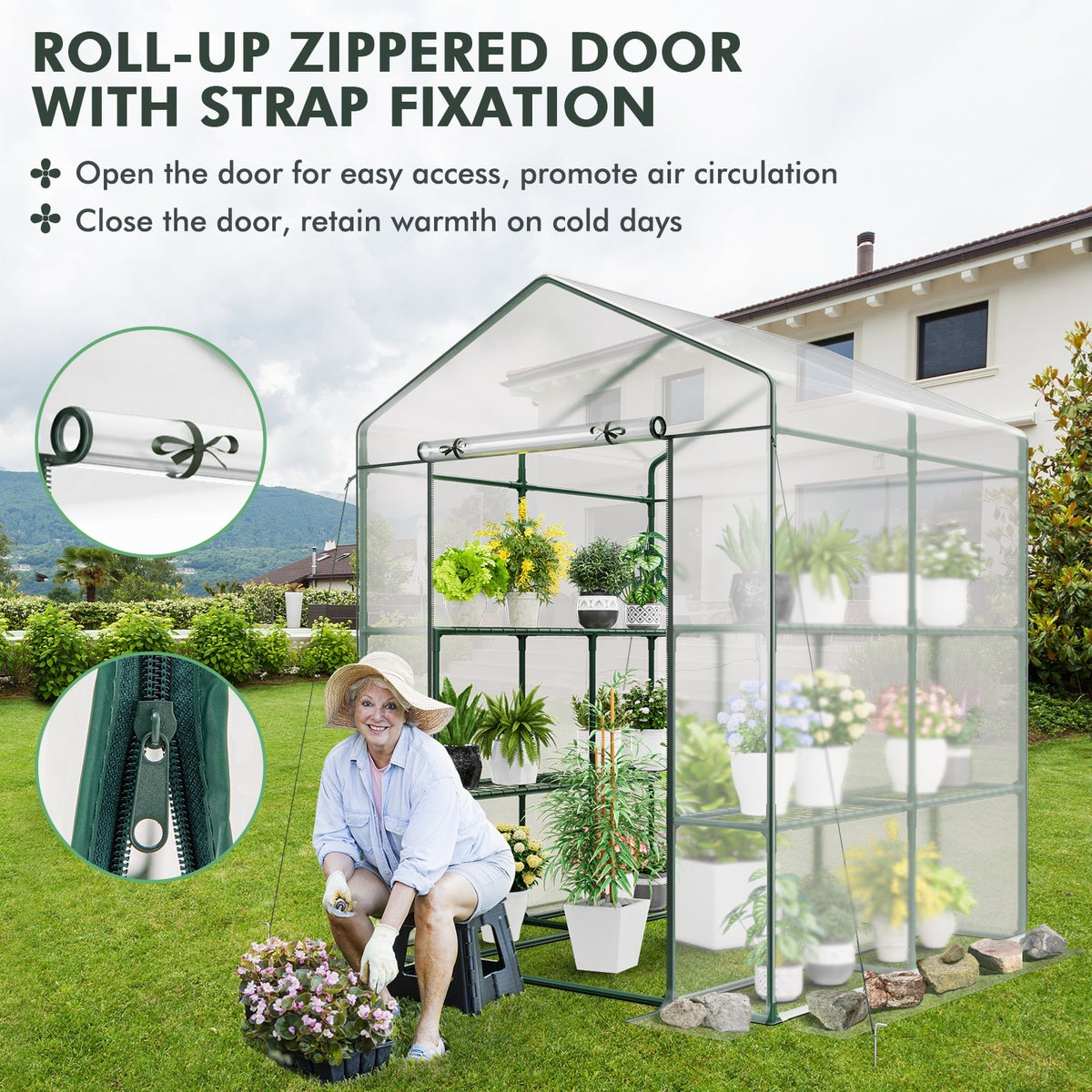 Walk-in Greenhouse with 3 Tiers 8 Shelves PVC Cover Roll-up Zippered Door, view 8