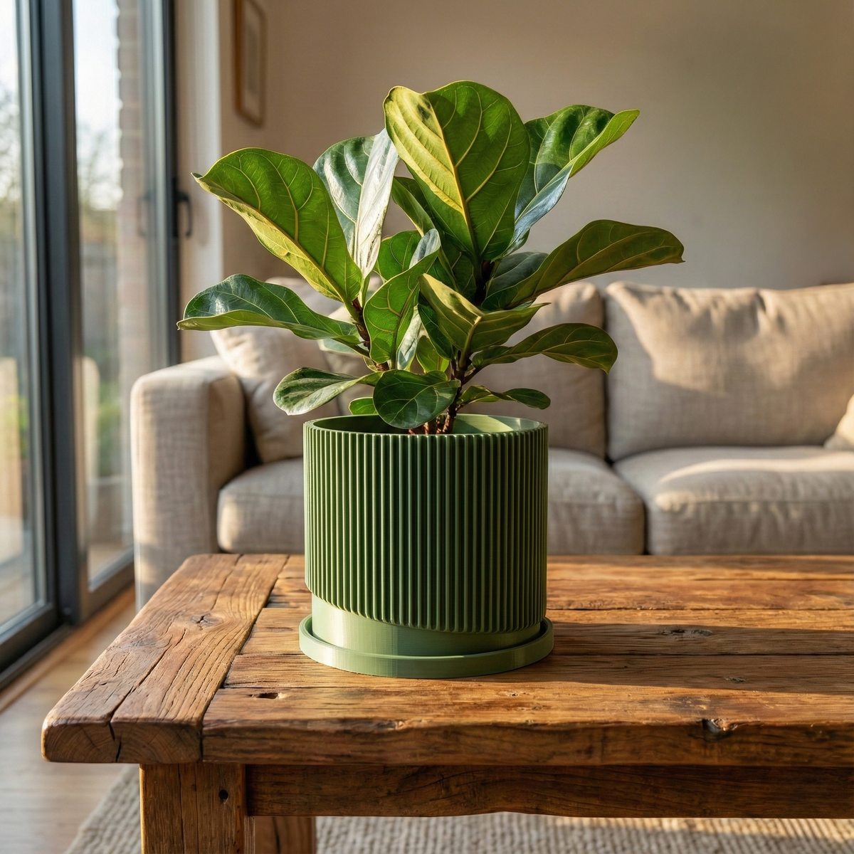 Mid-Century Ribbed Planter with Drainage and Saucer in Multiple Colors, 3D Printed Planter with Unique, view 3