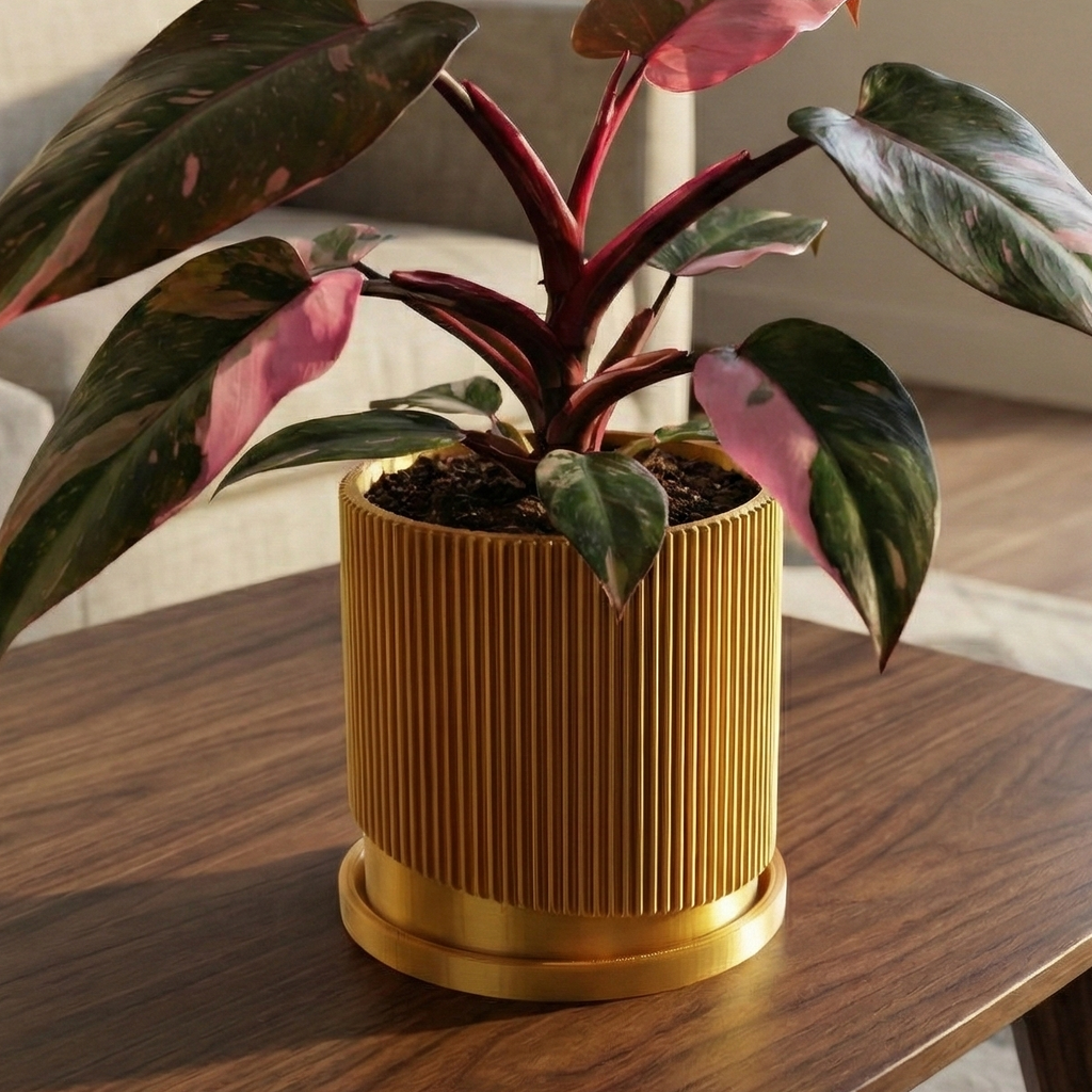 Mid-Century Ribbed Planter with Drainage and Saucer in Multiple Colors, 3D Printed Planter with Unique