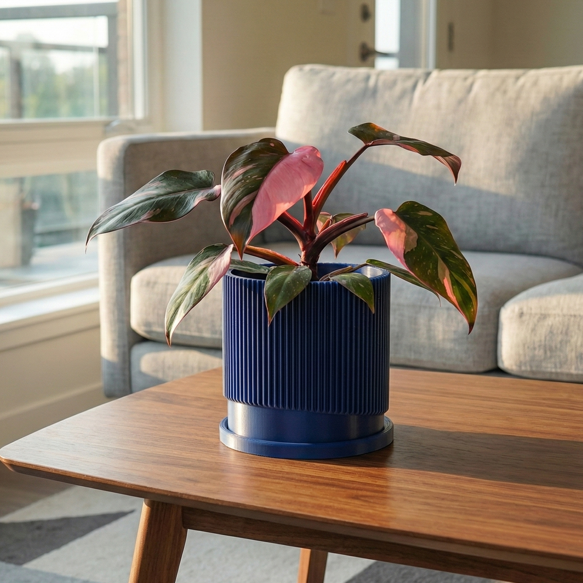 Mid-Century Ribbed Planter with Drainage and Saucer in Multiple Colors, 3D Printed Planter with Unique, view 2