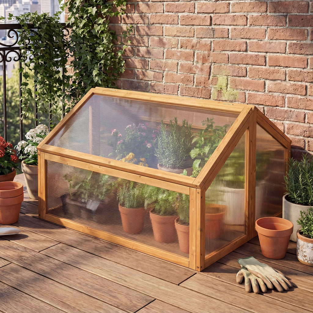 Wood Cold Frame Greenhouse Raised Flower Planter Protection with Transparent Openable Roof-Orange, view 2
