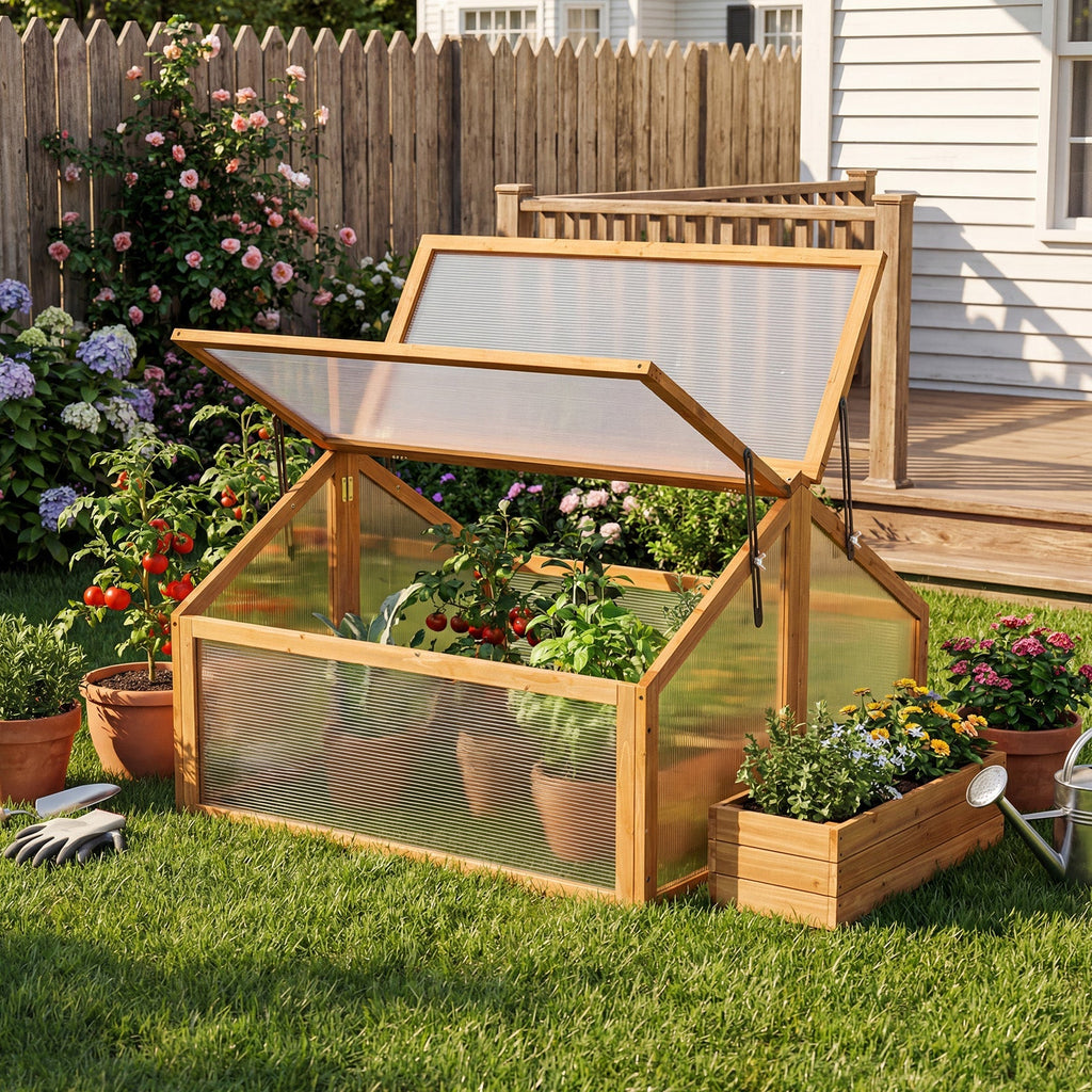 Wood Cold Frame Greenhouse Raised Flower Planter Protection with Transparent Openable Roof-Orange, view 6
