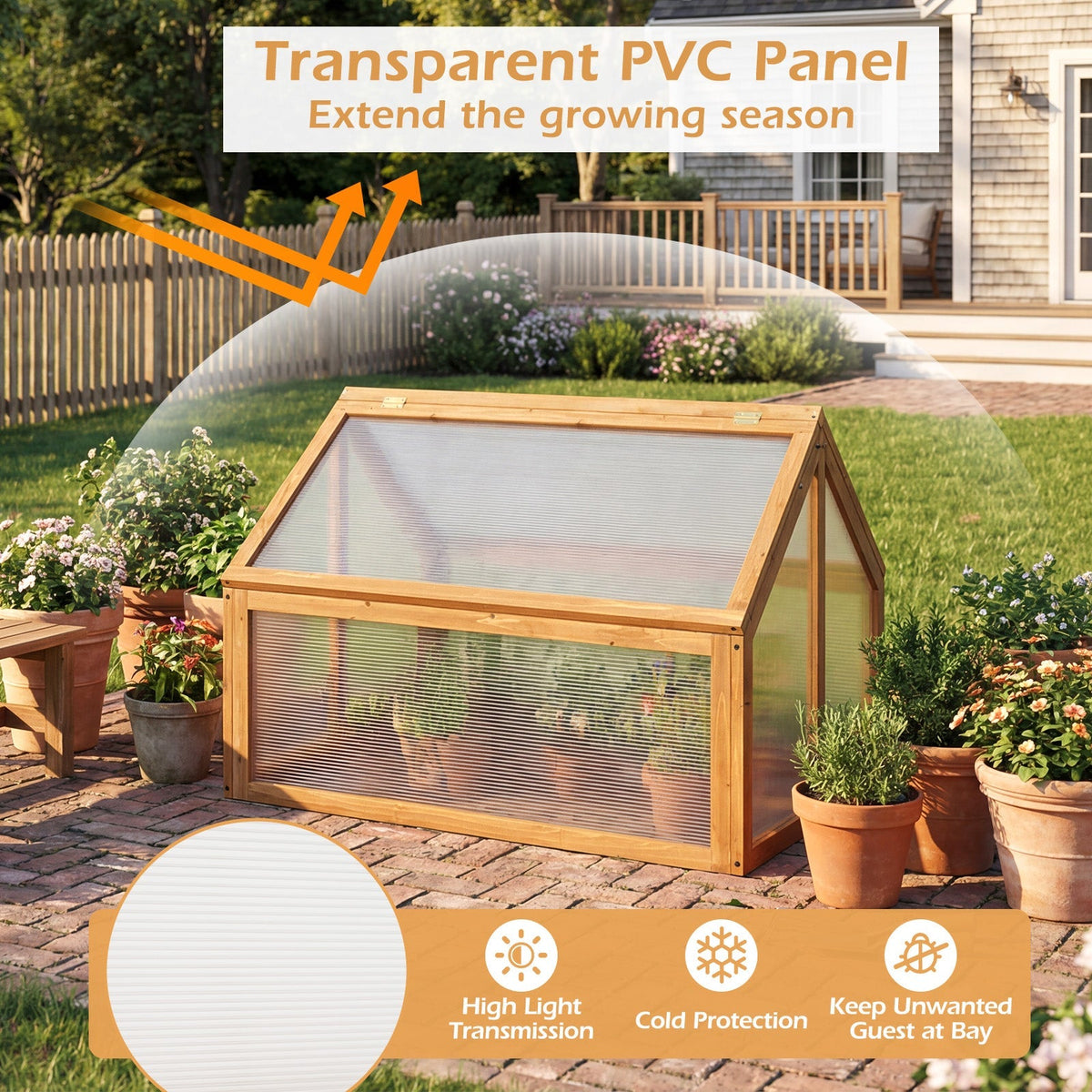 Wood Cold Frame Greenhouse Raised Flower Planter Protection with Transparent Openable Roof-Orange, view 8