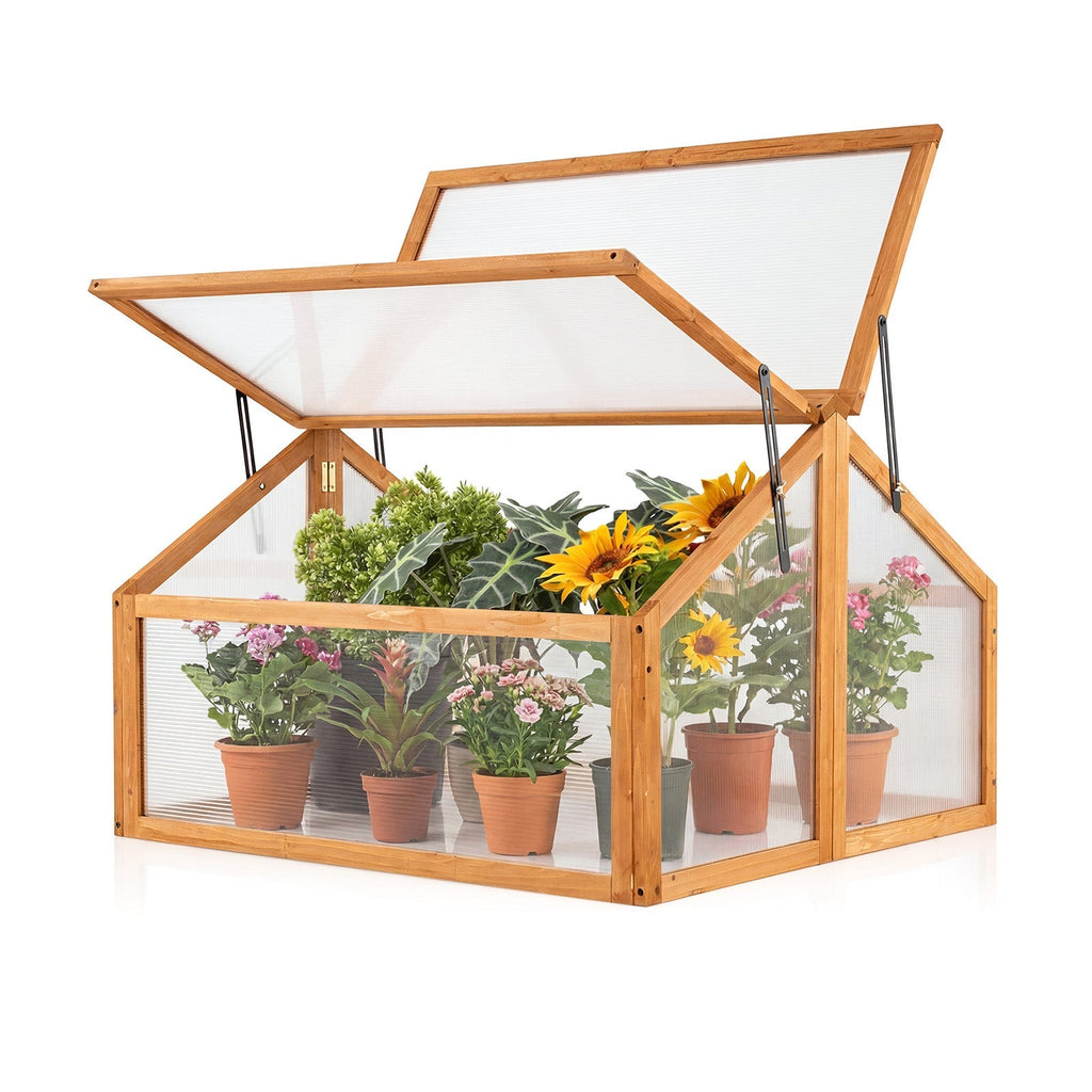 Wood Cold Frame Greenhouse Raised Flower Planter Protection with Transparent Openable Roof-Orange, view 4
