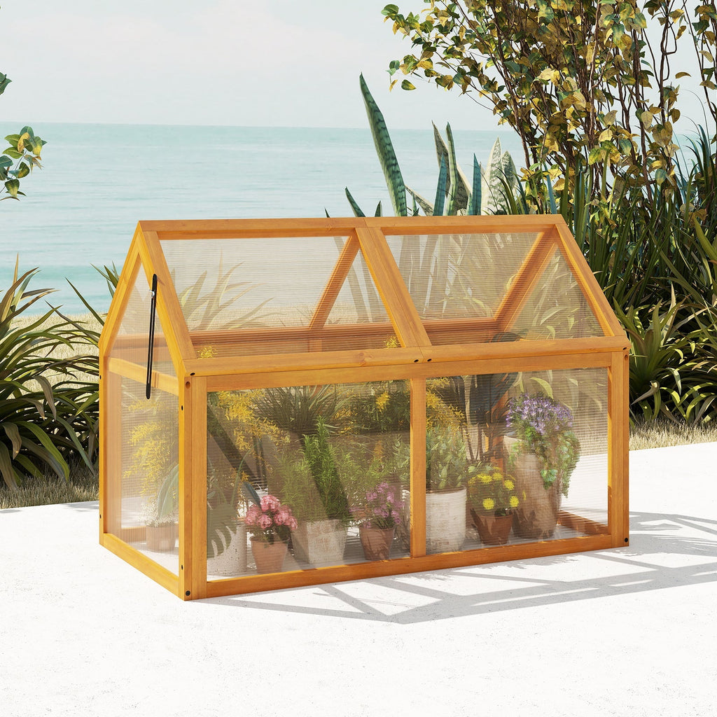 Wood Cold Frame Greenhouse Raised Flower Planter Protection with Adjustable Roof-Orange, view 2