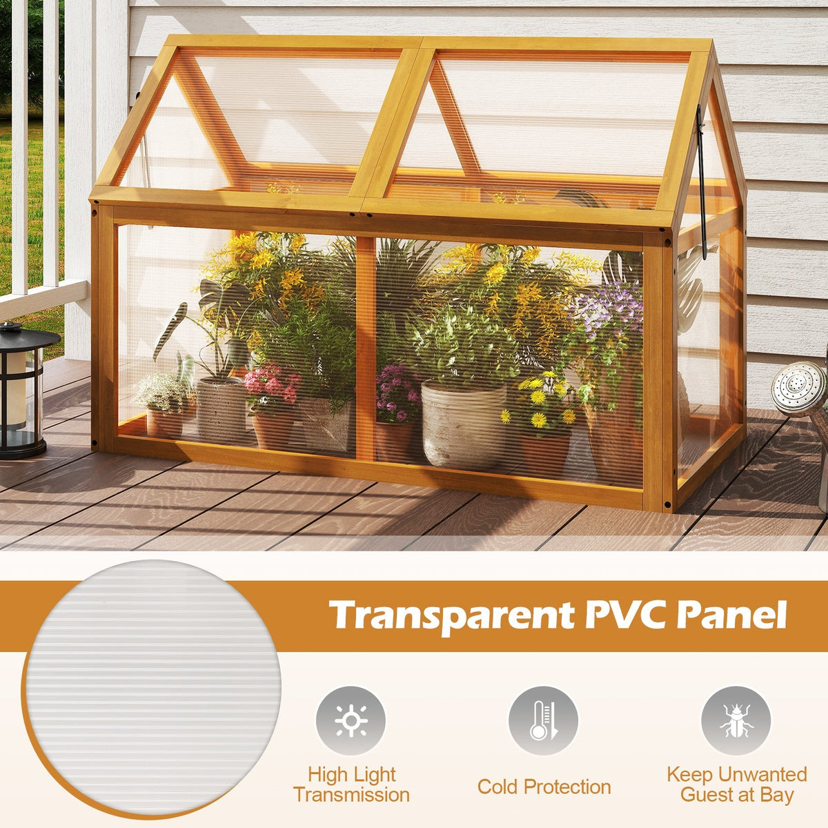 Wood Cold Frame Greenhouse Raised Flower Planter Protection with Adjustable Roof-Orange, view 7