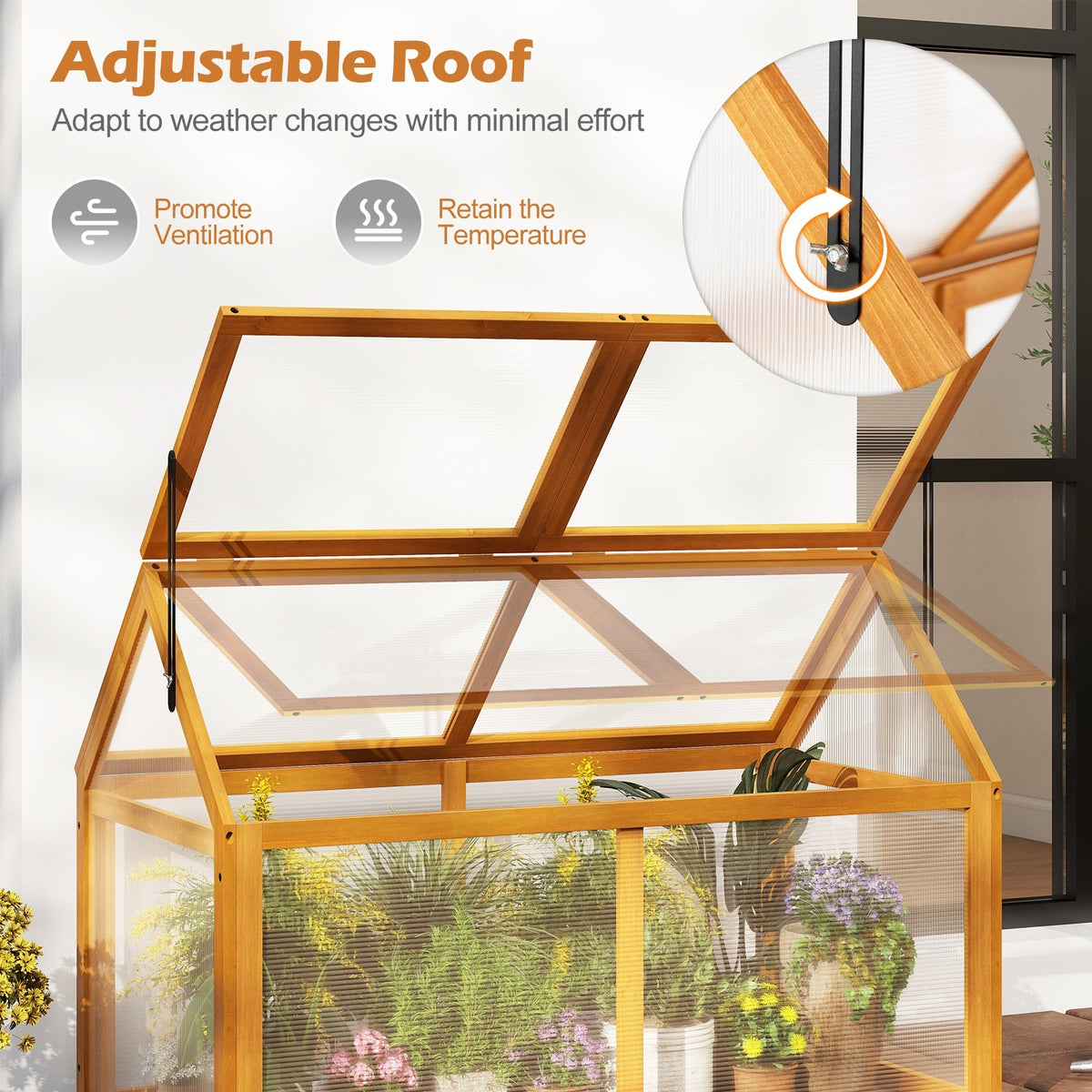 Wood Cold Frame Greenhouse Raised Flower Planter Protection with Adjustable Roof-Orange, view 8
