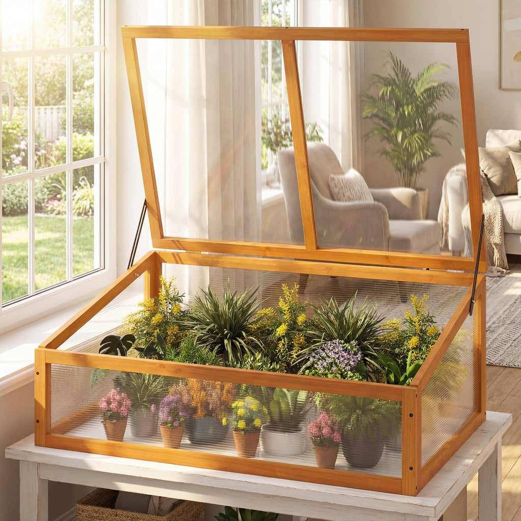 Wood Cold Frame Greenhouse Raised Planter Bed Protection with Transparent Flip-top Roof-Orange, view 2