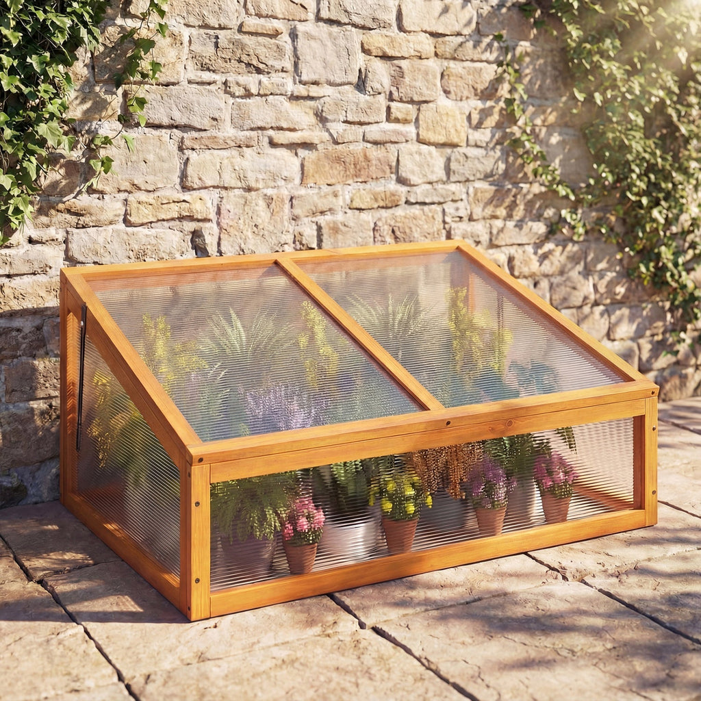 Wood Cold Frame Greenhouse Raised Planter Bed Protection with Transparent Flip-top Roof-Orange, view 6