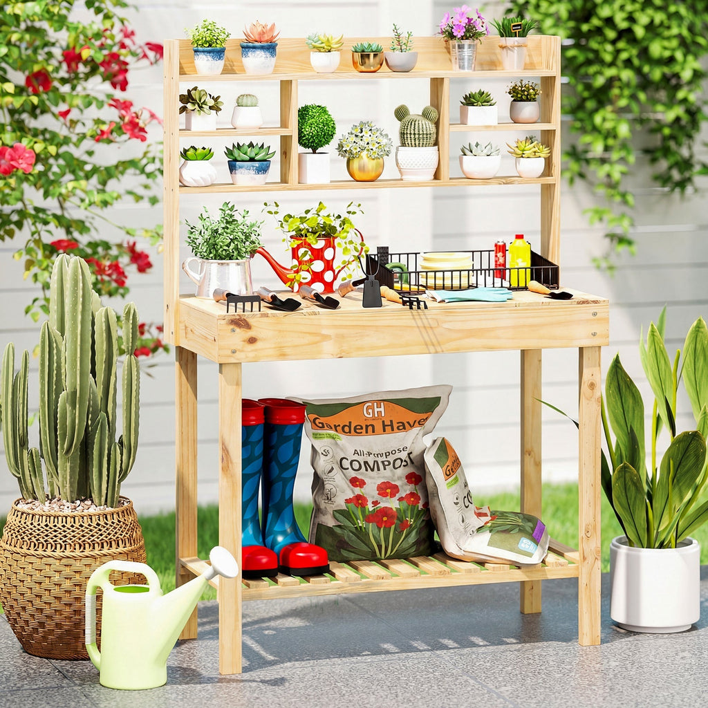 Wooden Potting Bench Table Garden Planting Workstation with 3-Tier Open Shelf, view 2