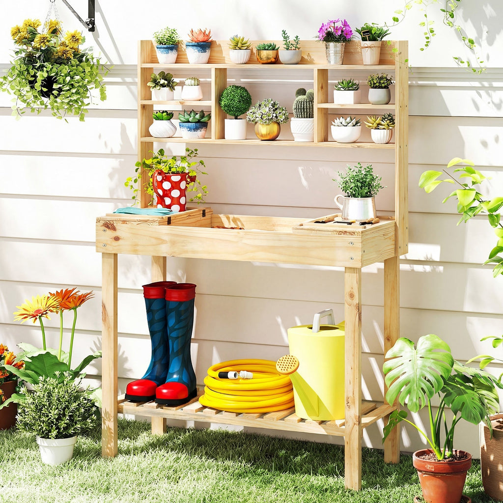 Wooden Potting Bench Table Garden Planting Workstation with 3-Tier Open Shelf, view 4