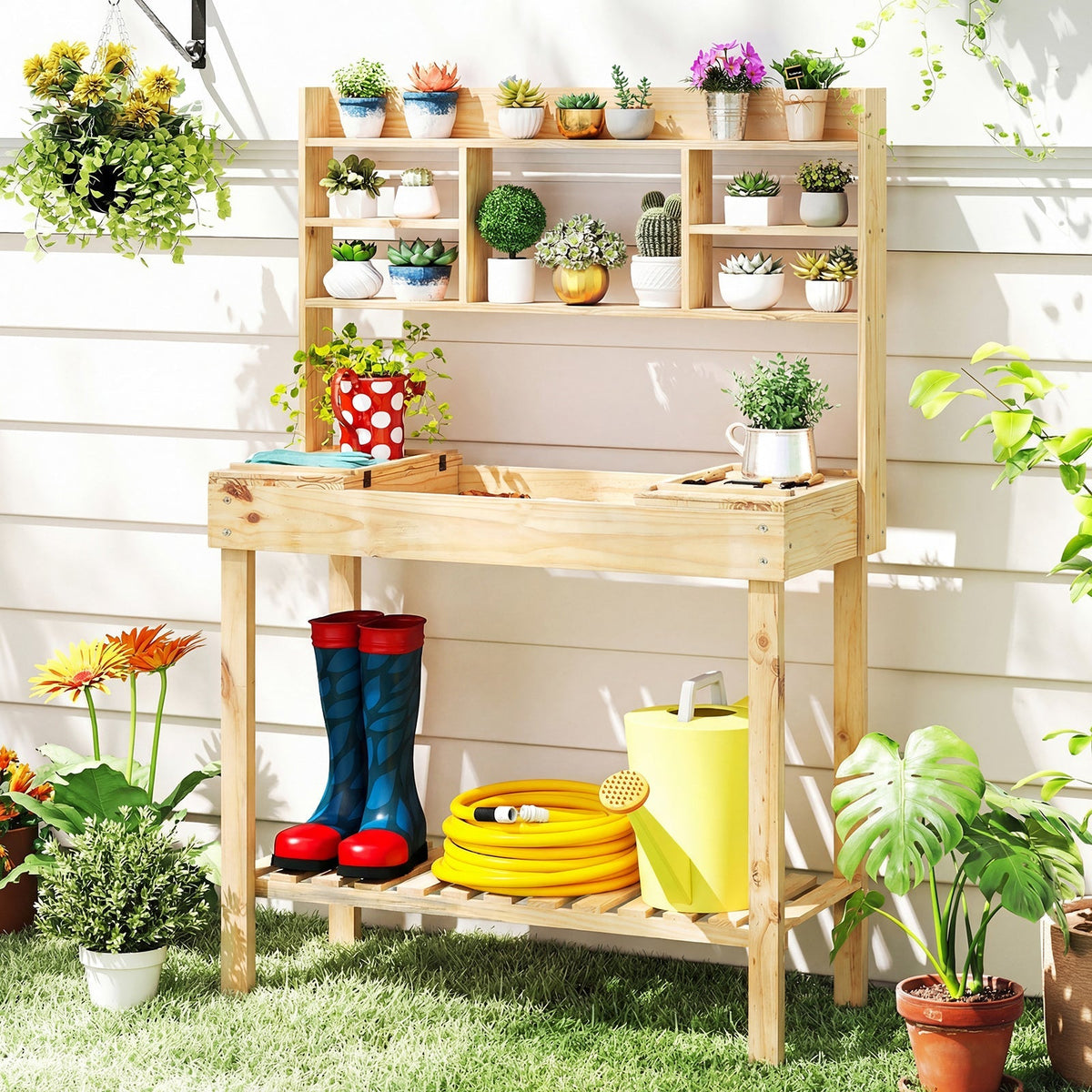 Wooden Potting Bench Table Garden Planting Workstation with 3-Tier Open Shelf, view 4