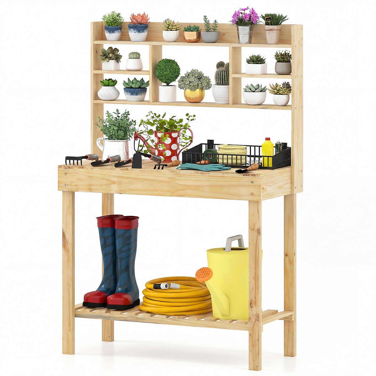 Wooden Potting Bench Table Garden Planting Workstation with 3-Tier Open Shelf, view 6