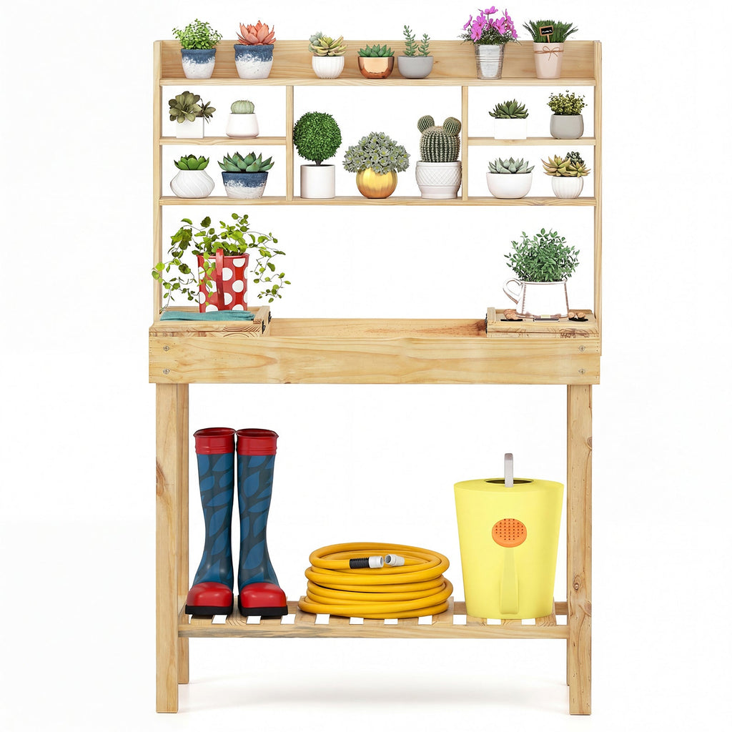 Wooden Potting Bench Table Garden Planting Workstation with 3-Tier Open Shelf, view 8