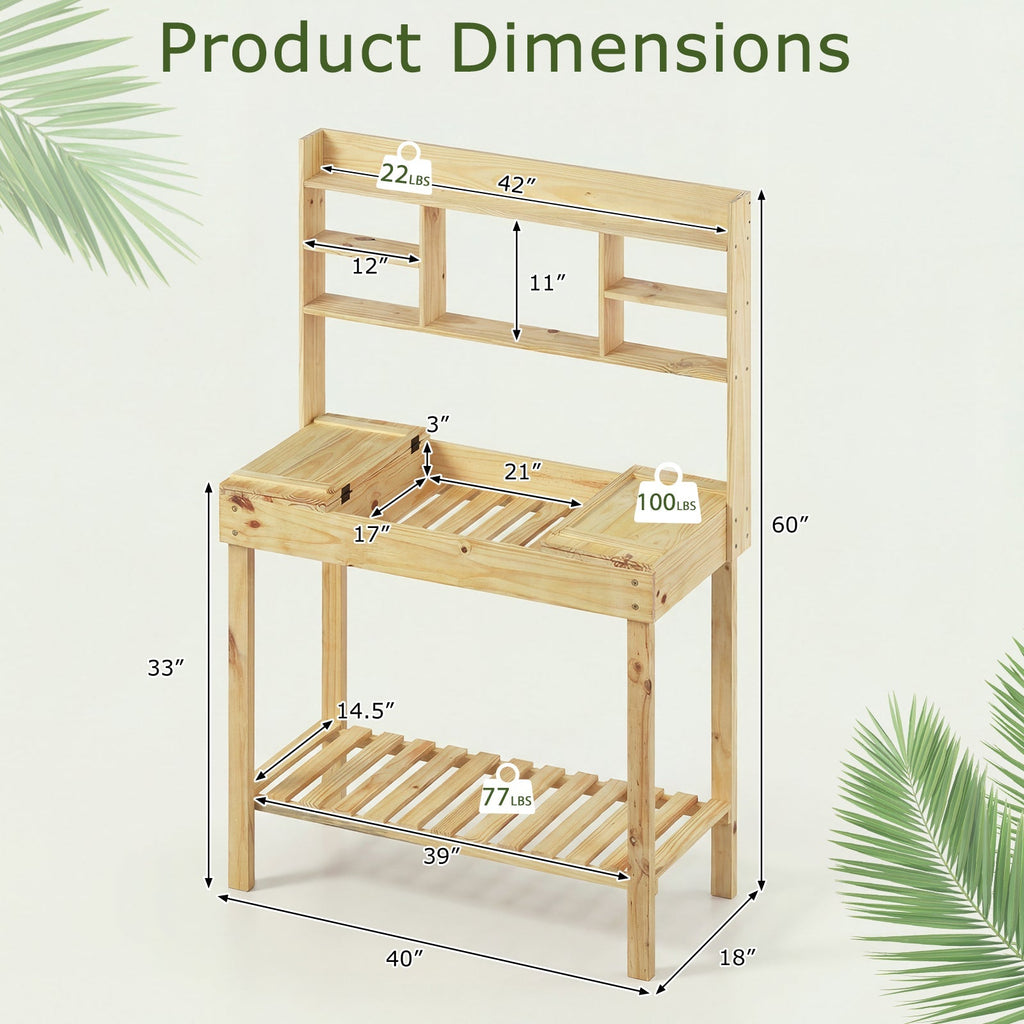 Wooden Potting Bench Table Garden Planting Workstation with 3-Tier Open Shelf, view 10