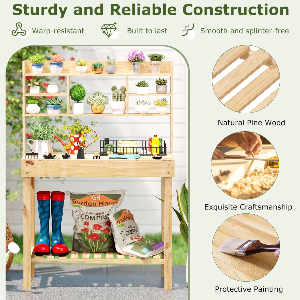 Wooden Potting Bench Table Garden Planting Workstation with 3-Tier Open Shelf, view 14