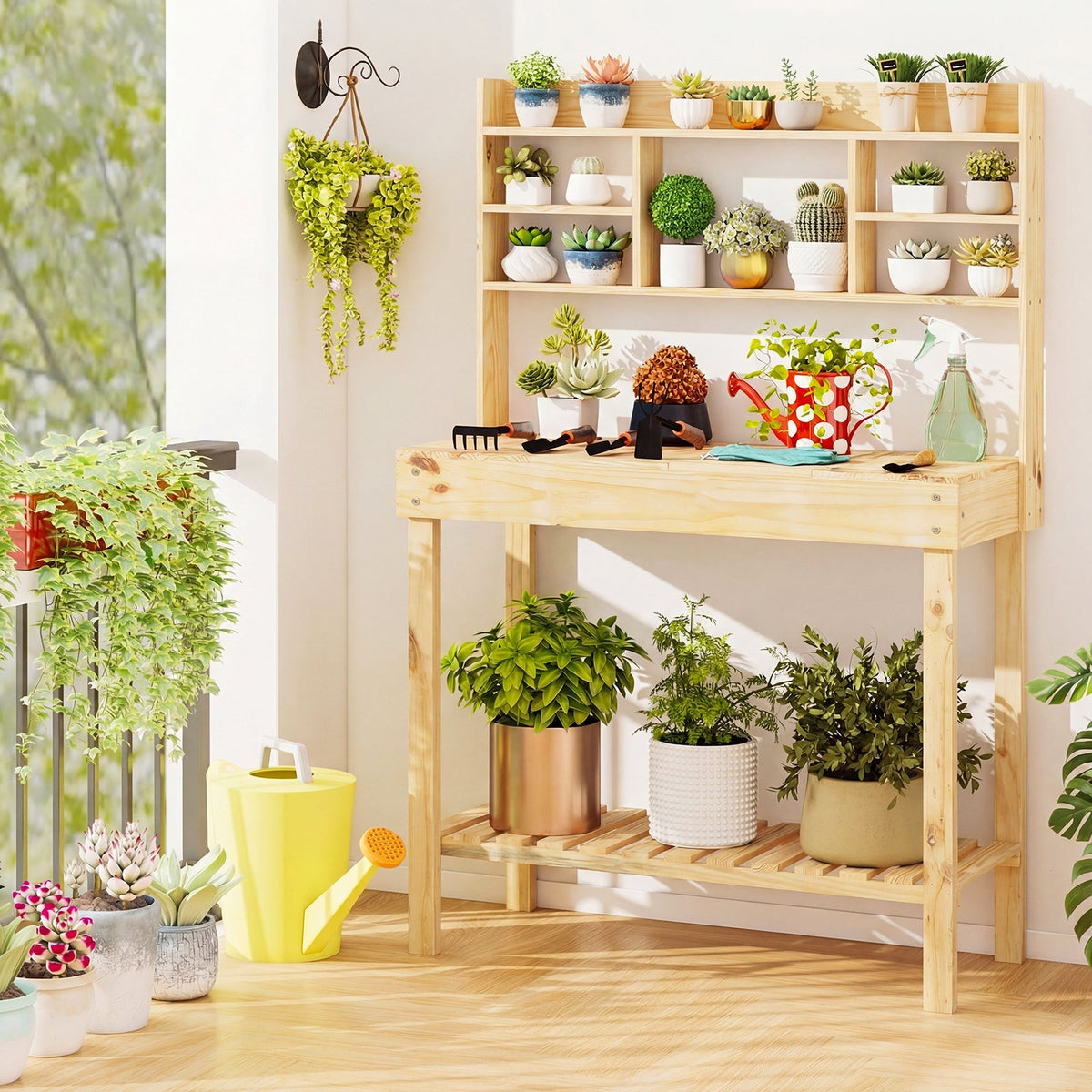 Wooden Potting Bench Table Garden Planting Workstation with 3-Tier Open Shelf, view 12