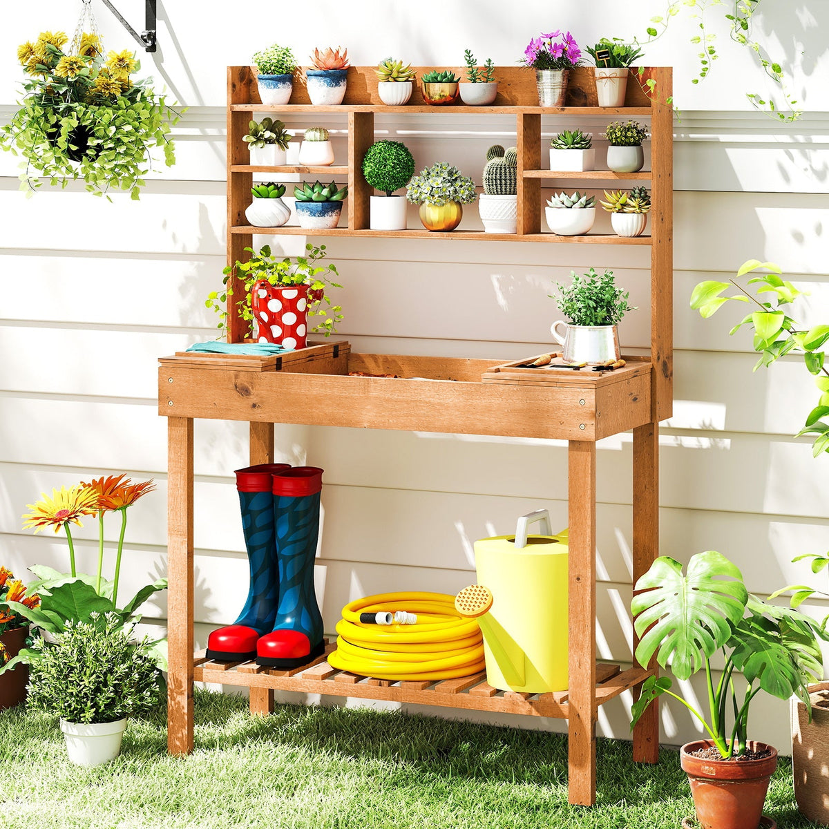 Wooden Potting Bench Table Garden Planting Workstation with 3-Tier Open Shelf, view 3