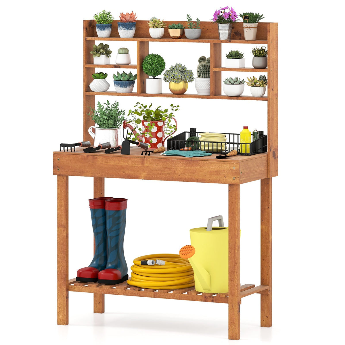 Wooden Potting Bench Table Garden Planting Workstation with 3-Tier Open Shelf, view 5