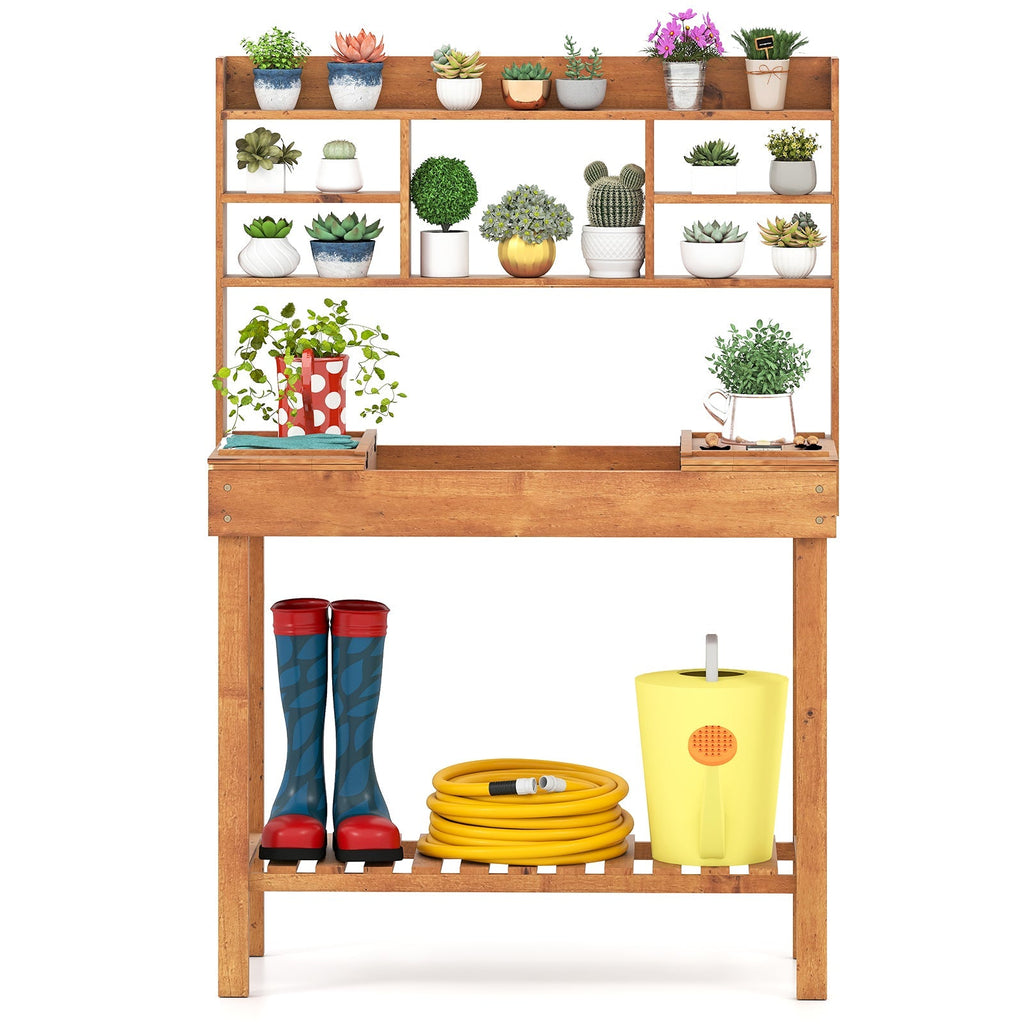Wooden Potting Bench Table Garden Planting Workstation with 3-Tier Open Shelf, view 7