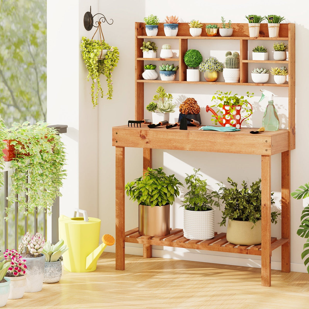 Wooden Potting Bench Table Garden Planting Workstation with 3-Tier Open Shelf, view 11