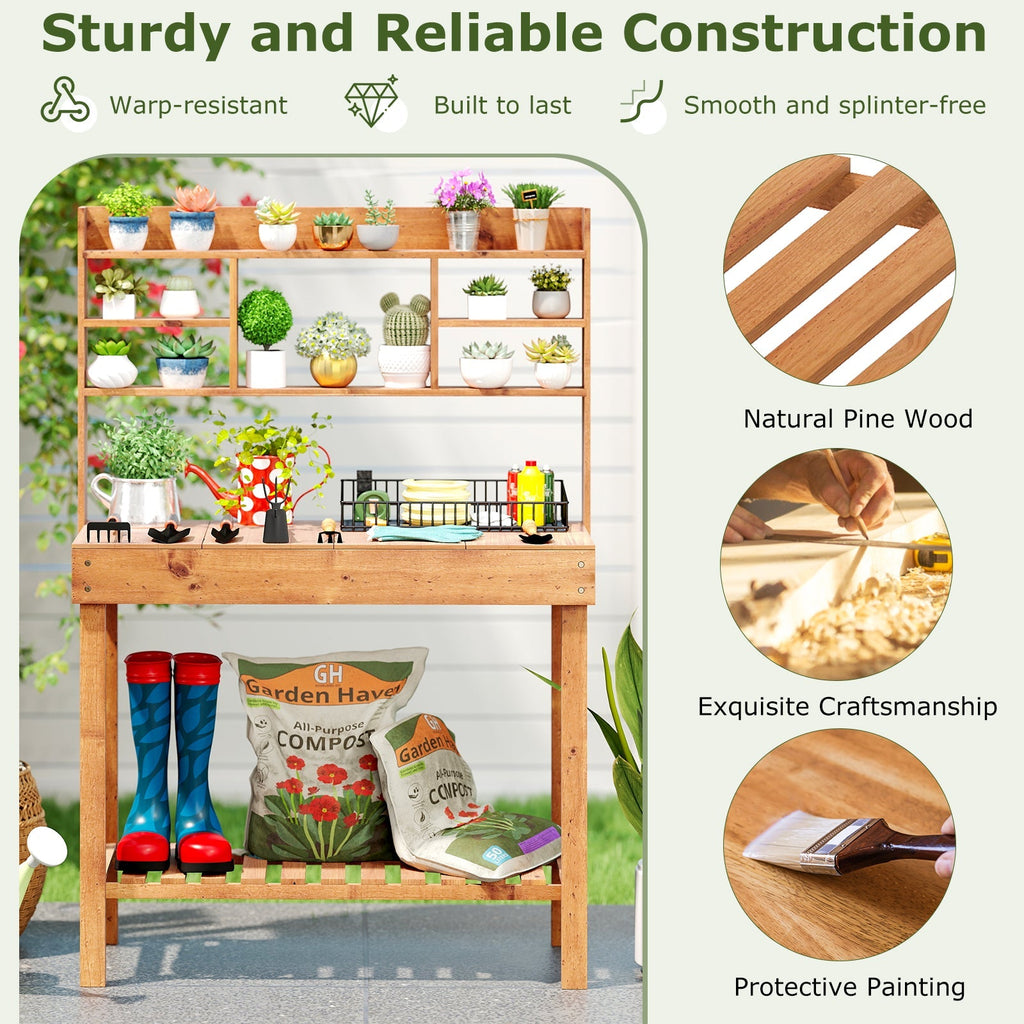 Wooden Potting Bench Table Garden Planting Workstation with 3-Tier Open Shelf, view 13
