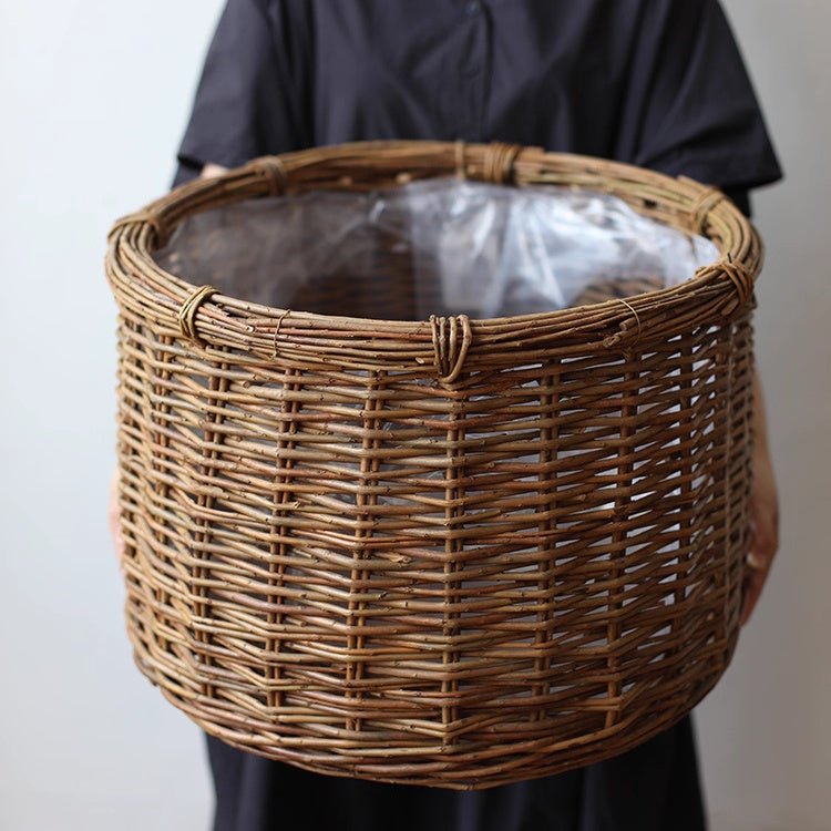 Rustic Round Wicker Planter with Liner, view 10