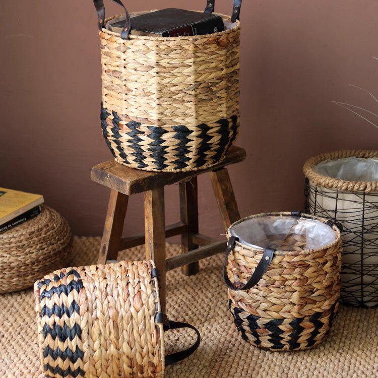 Two-Tone Basket Planter with Leather Handles, view 2