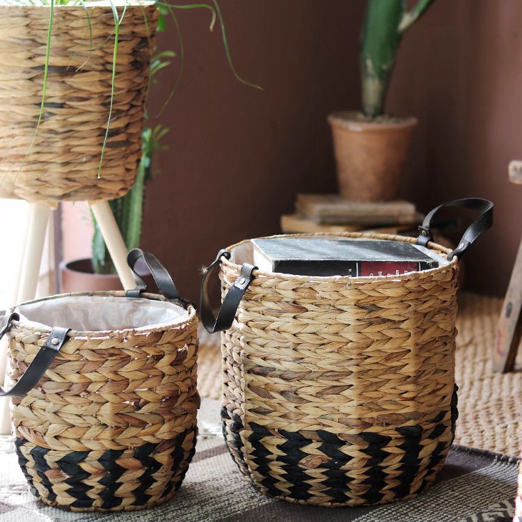 Two-Tone Basket Planter with Leather Handles, view 3