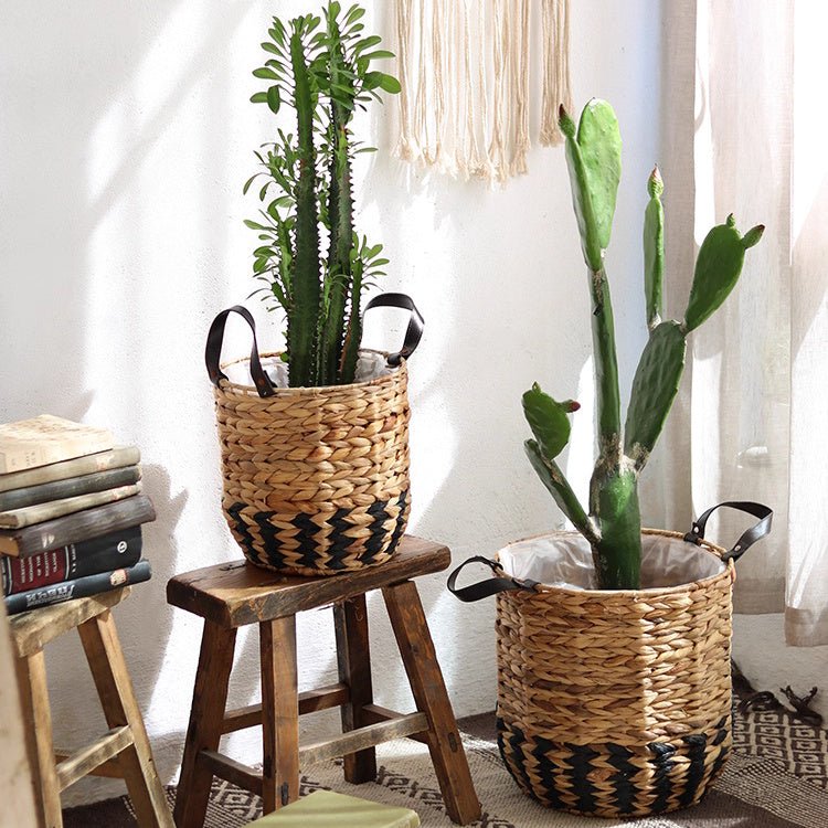 Two-Tone Basket Planter with Leather Handles, view 4