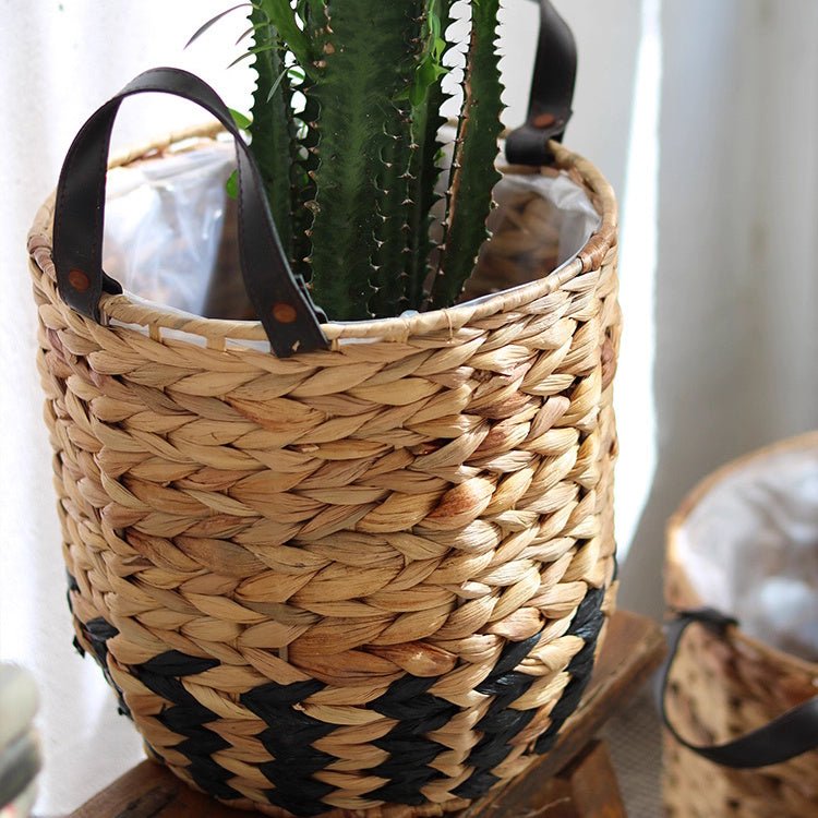 Two-Tone Basket Planter with Leather Handles, view 6