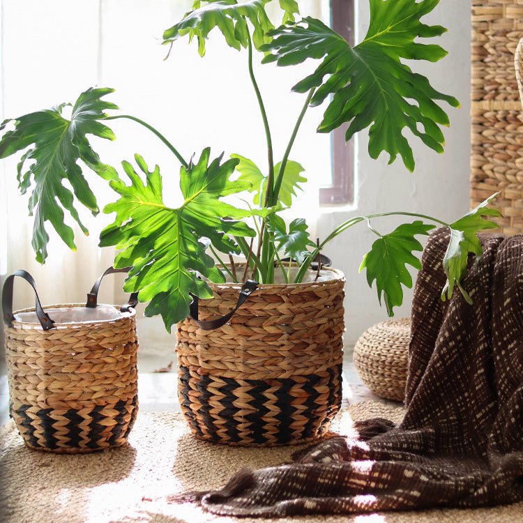 Two-Tone Basket Planter with Leather Handles, view 9