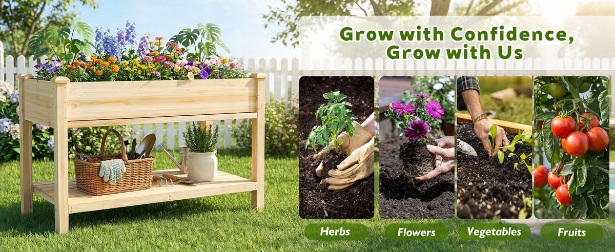 Raised Garden Bed with Water Collection Tray and Storage Shelf, view 4