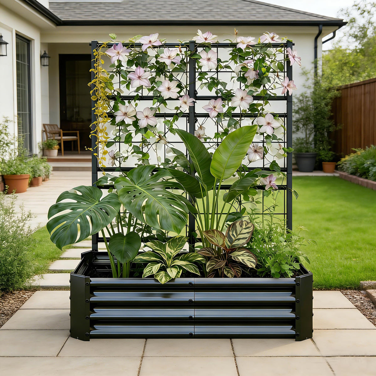 4x2x1FT Galvanized Raised Garden Bed with Arch Trellis – Black