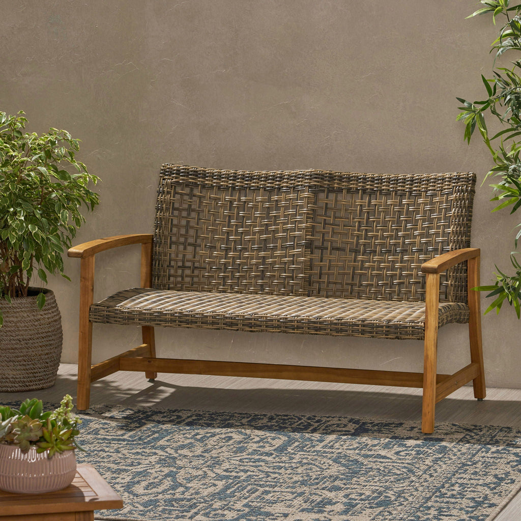 Outdoor Rattan Loveseat with Wooden Legs - Brown, view 3