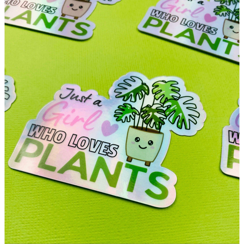 Hologram Kawaii Plant Love Sticker, Girl Who Loves Plants Sticker, Variegated Rare Plant Hologram Sticker