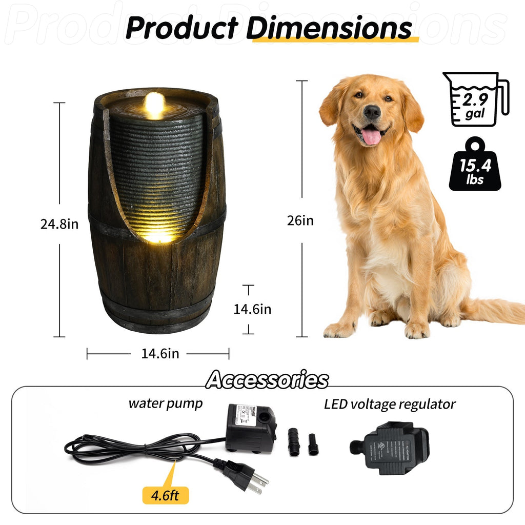Wooden Barrel Style Outdoor Water Fountain with Lights, view 3